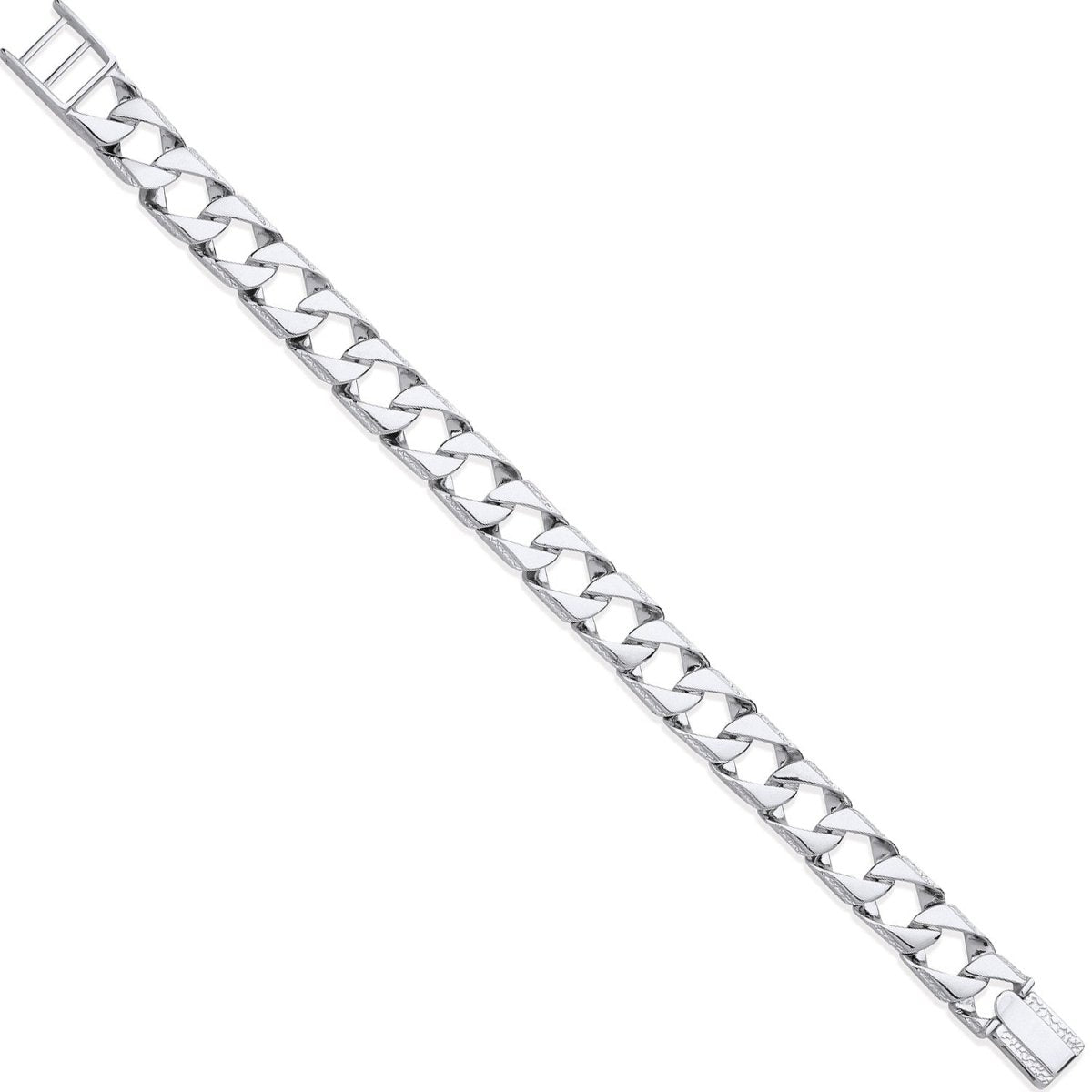 Sterling Silver 12mm Elegant Big Square Curb Ribbed Edge Link Gents Bracelet - Samuel Perry