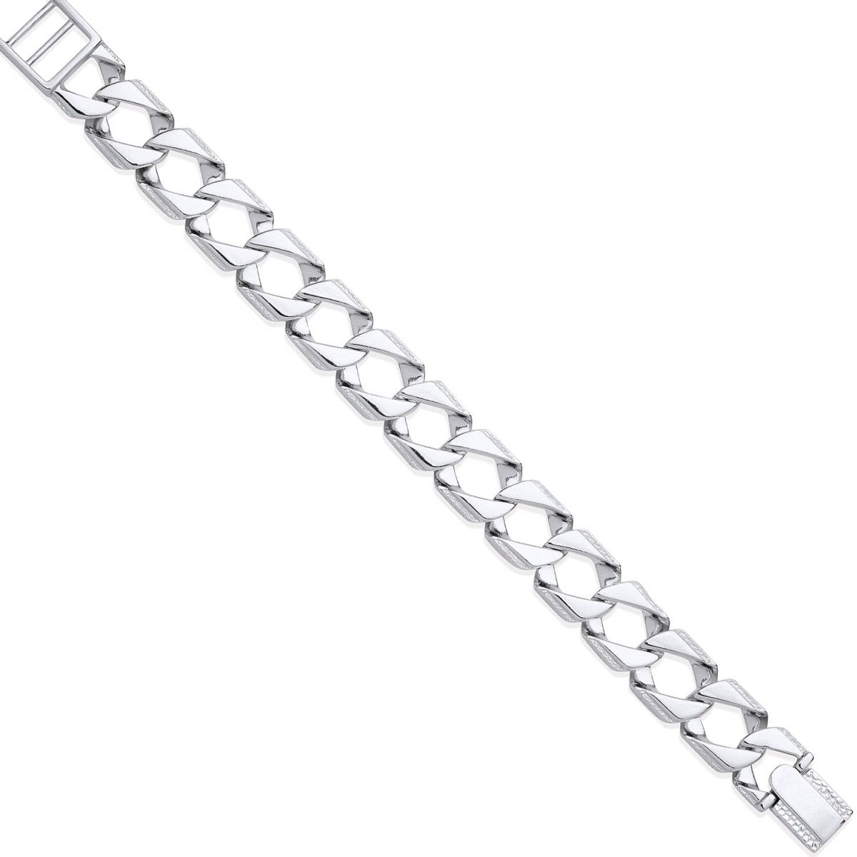 Sterling Silver 15mm Elegant Large Square Curb Ribbed Edge Link Gents Bracelet - Samuel Perry