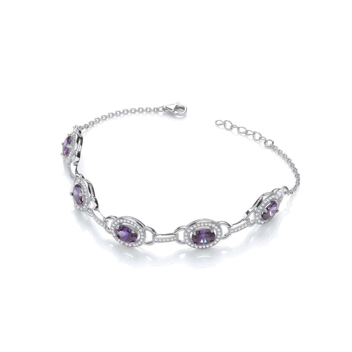 Sterling Silver Amethyst and CZ Oval Halo Bracelet - Samuel Perry