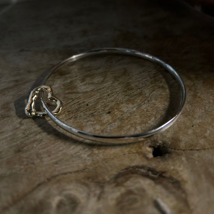 Sterling Silver and 9ct Gold Molten Heart Charm Bangle - Samuel Perry