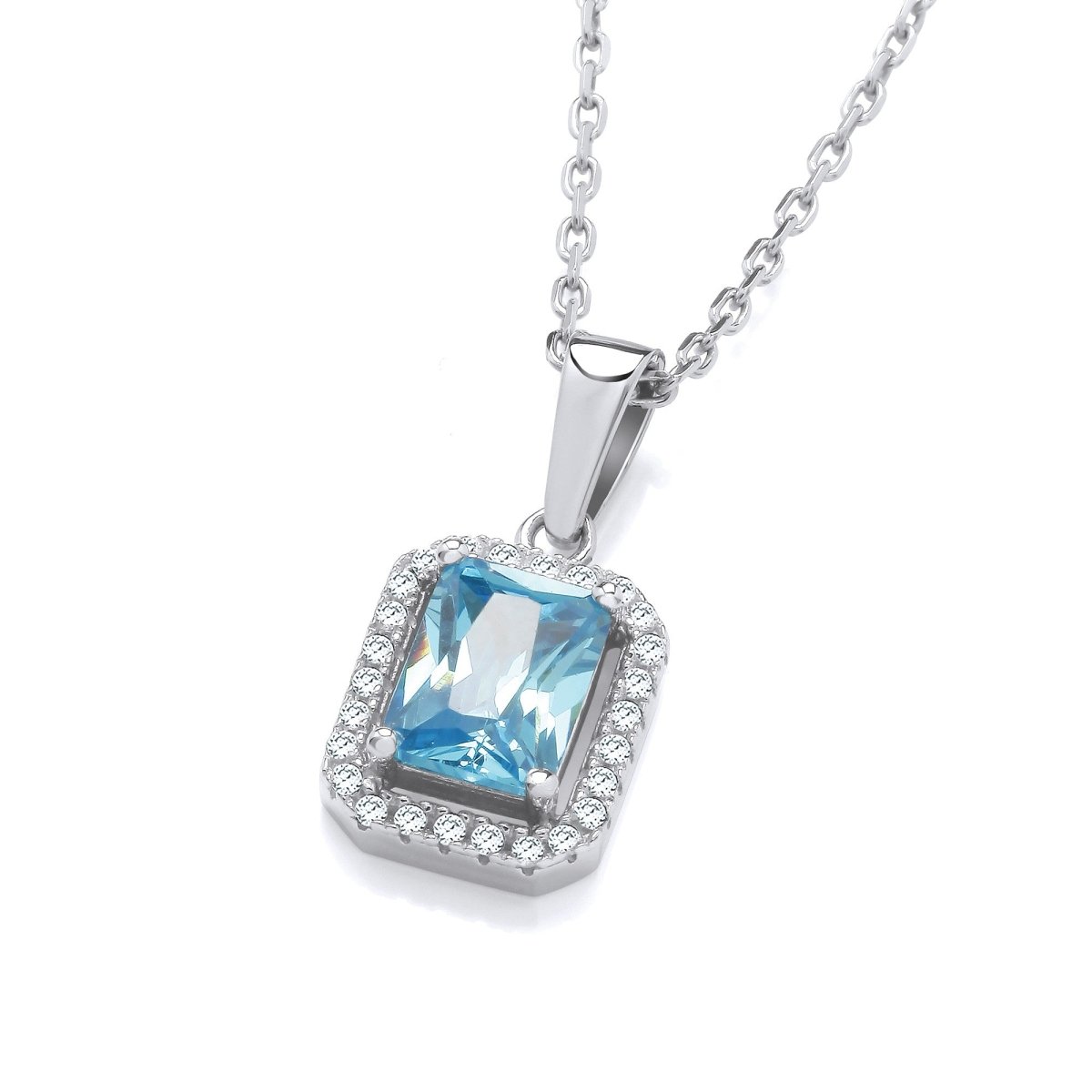 Sterling Silver Baguette Cut Blue CZ Halo Necklace - Samuel Perry