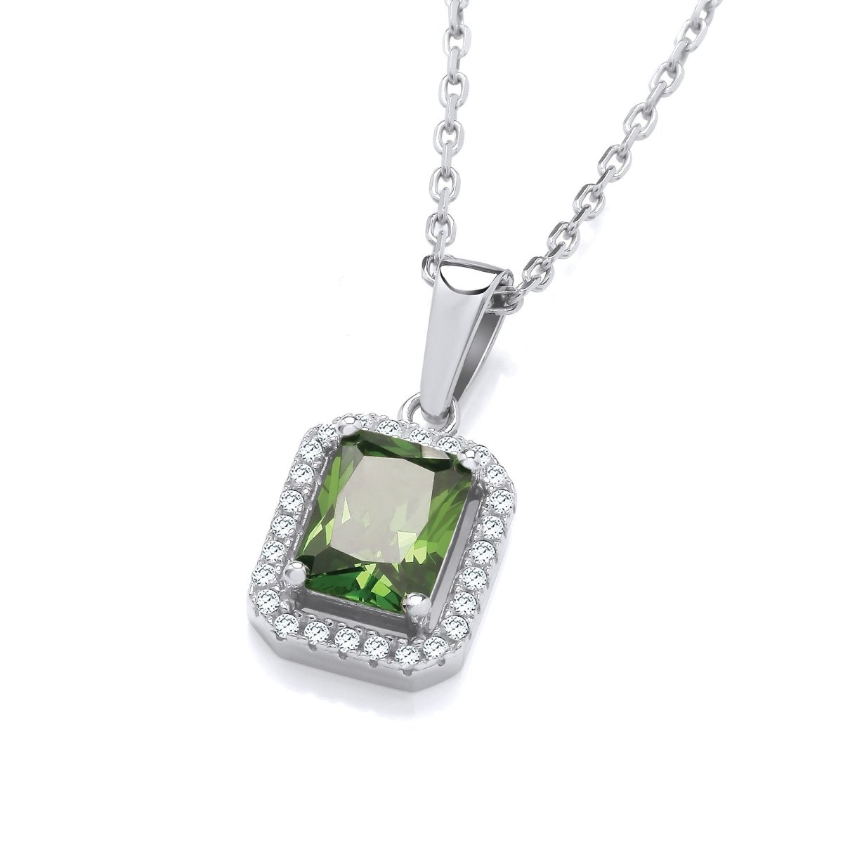 Sterling Silver Baguette Cut Green CZ Halo Necklace - Samuel Perry
