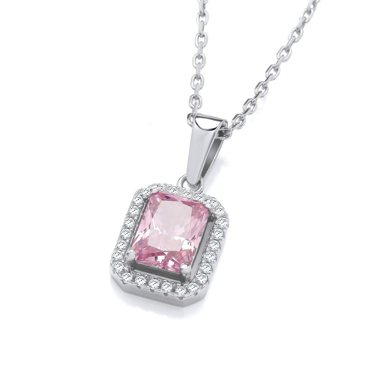 Sterling Silver Baguette Cut Pink CZ Halo Necklace - Samuel Perry