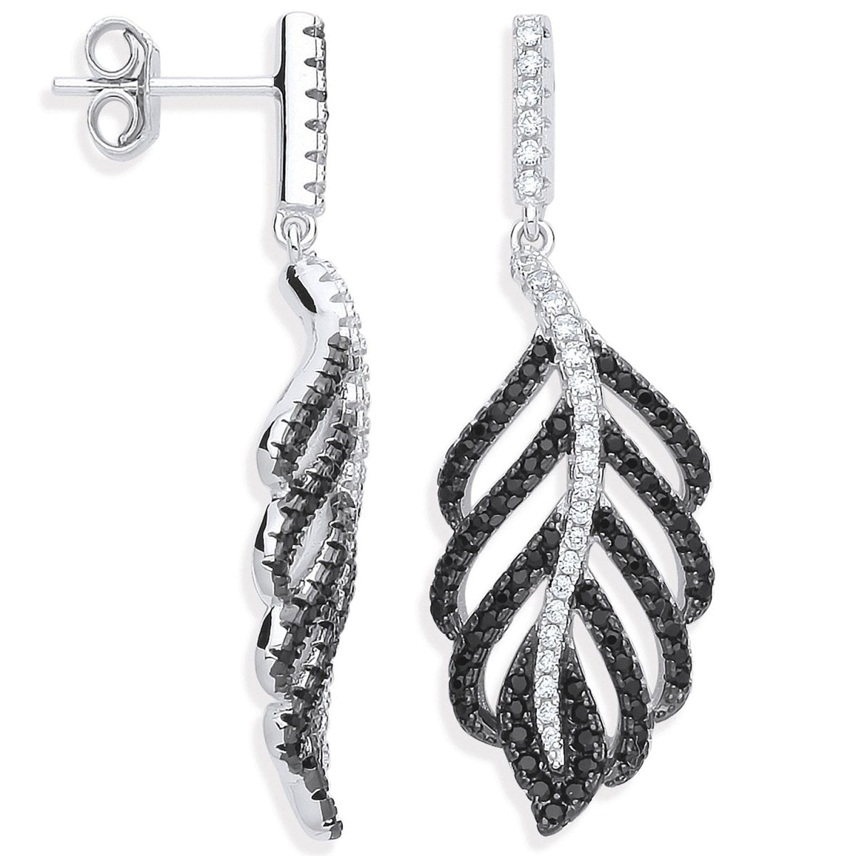 Sterling Silver Black & Clear CZ Leaf Drop Earrings - Samuel Perry