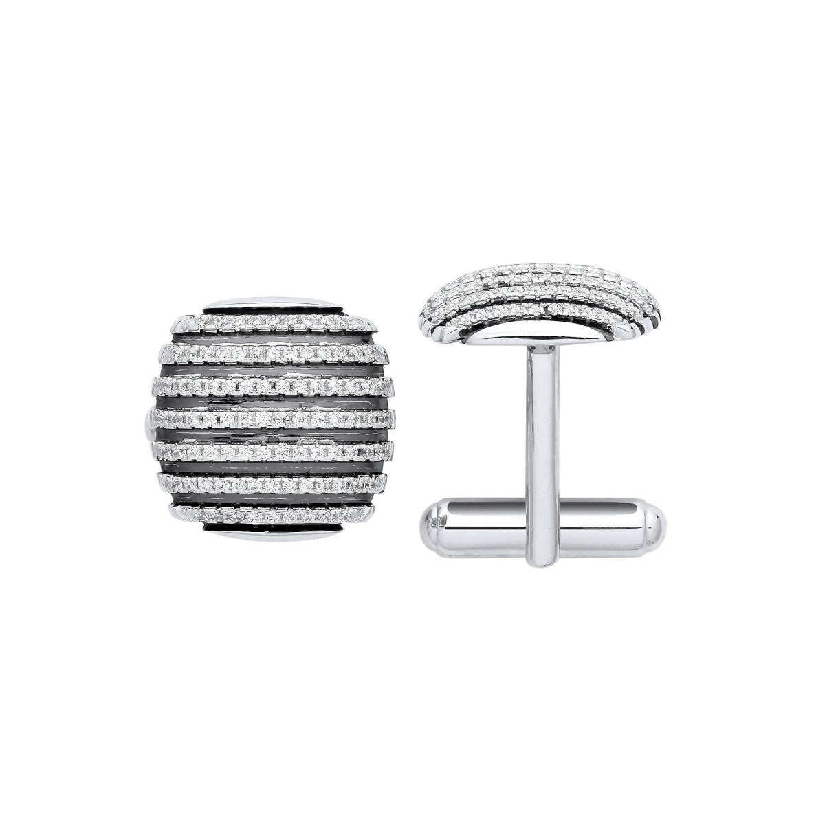 Sterling Silver & Black Striped CZ Domed Cufflinks - Samuel Perry