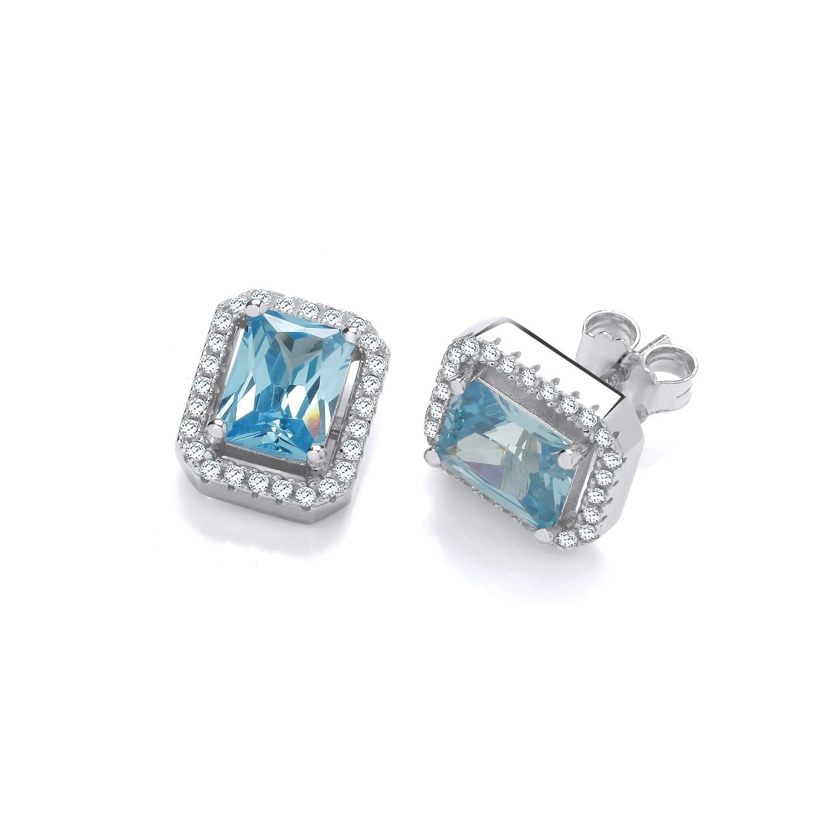 Sterling Silver Blue Baguette Cut Halo CZ Stud Earrings - Samuel Perry