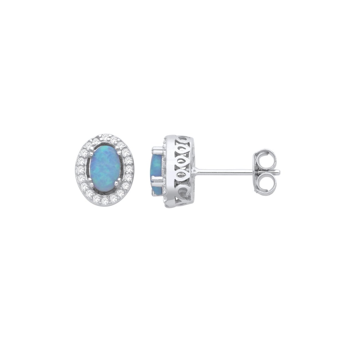 Sterling Silver Blue Opal Halo Oval Stud Earrings - Samuel Perry