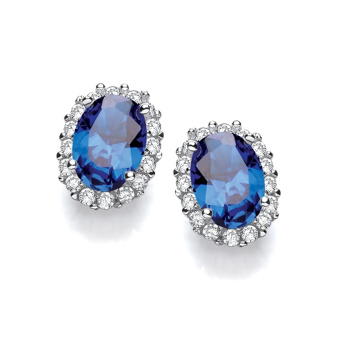Sterling Silver Blue Sapphire CZ Oval Cluster Stud Earrings - Samuel Perry