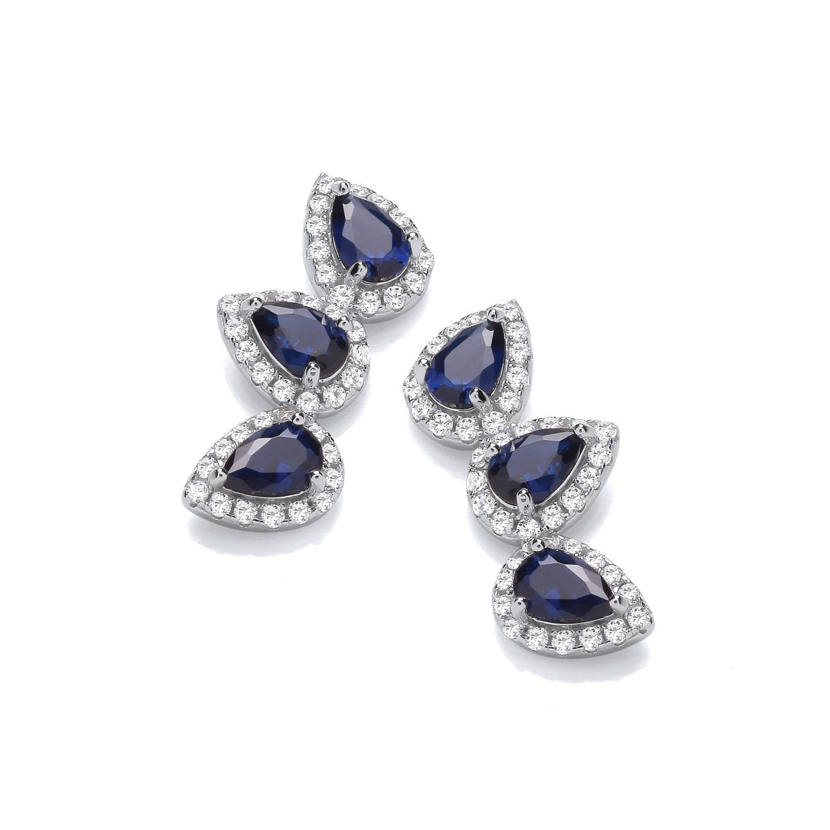Sterling Silver Blue Sapphire CZ Pear Cut Halo Ear Climber Studs - Samuel Perry