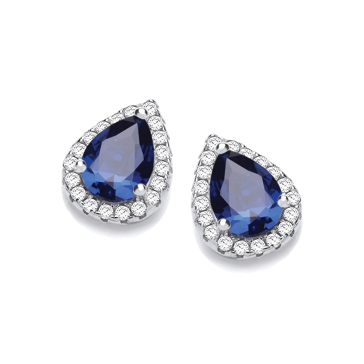 Sterling Silver Blue Sapphire CZ Teardrop Halo Stud Earrings - Samuel Perry