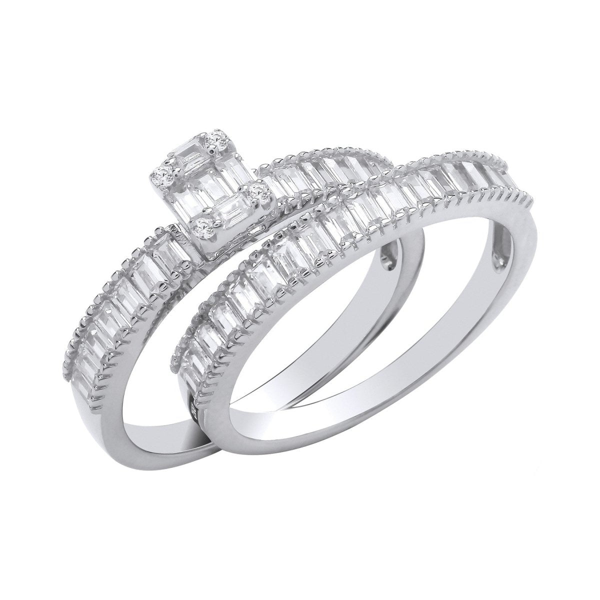 Sterling Silver Bridal Set Baguette CZs Half ET Rings - Samuel Perry