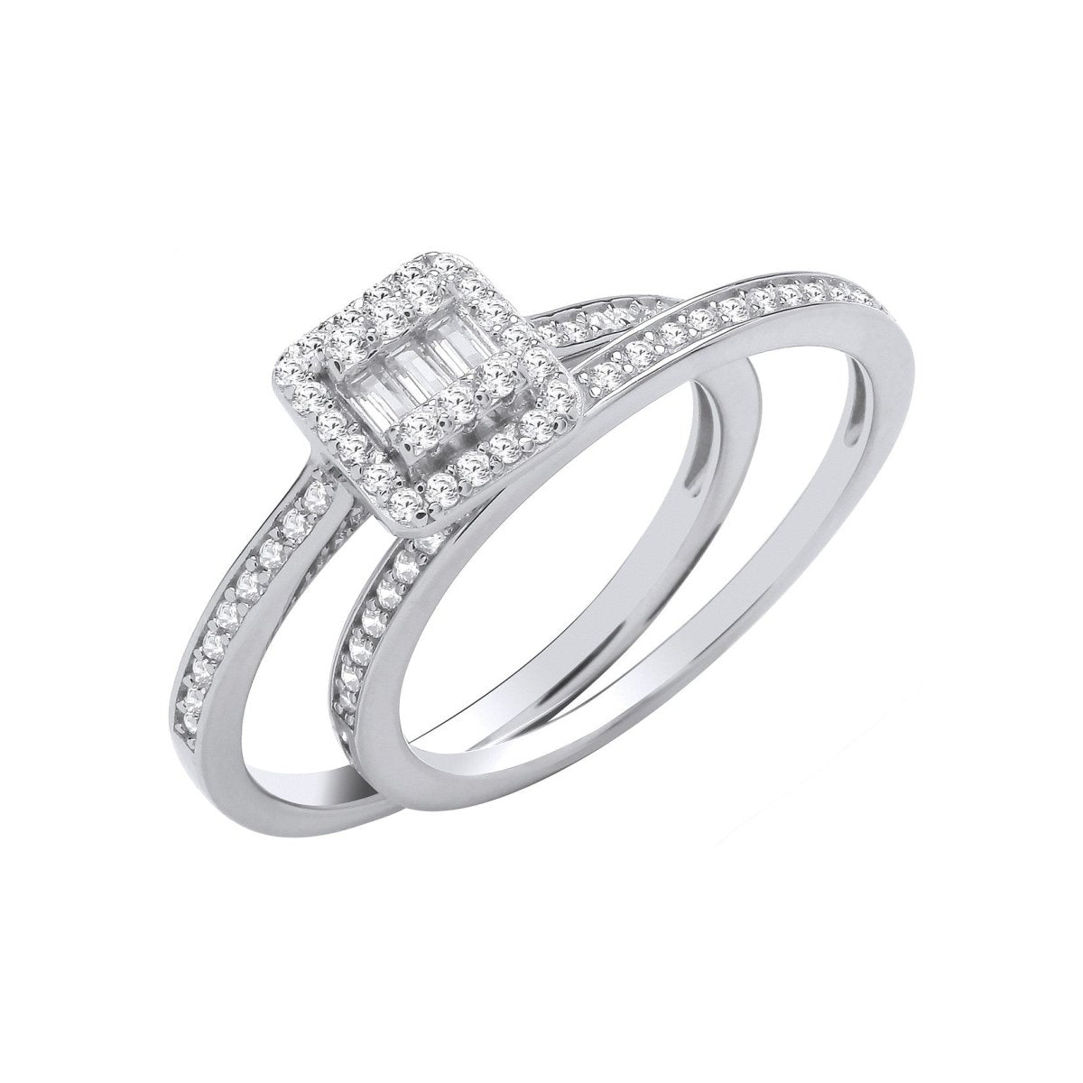 Sterling Silver Bridal Set Baguettes Centre & Round CZs Half ET Rings - Samuel Perry