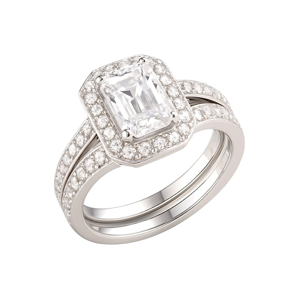 Sterling Silver Bridal Set Cz Emerald Cut Centre Rings - Samuel Perry