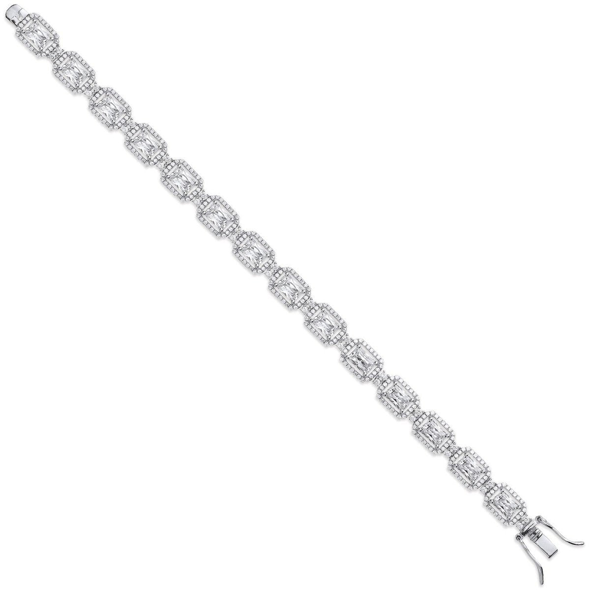 Sterling Silver Clear Cz Emerald Cut in a Halo Style Tennis Bracelet - Samuel Perry