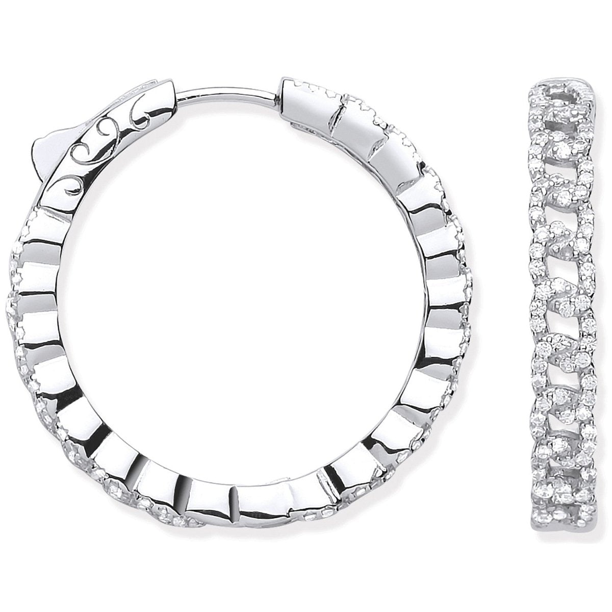 Sterling Silver Curb Chain Link CZ Hoop Earrings - Samuel Perry