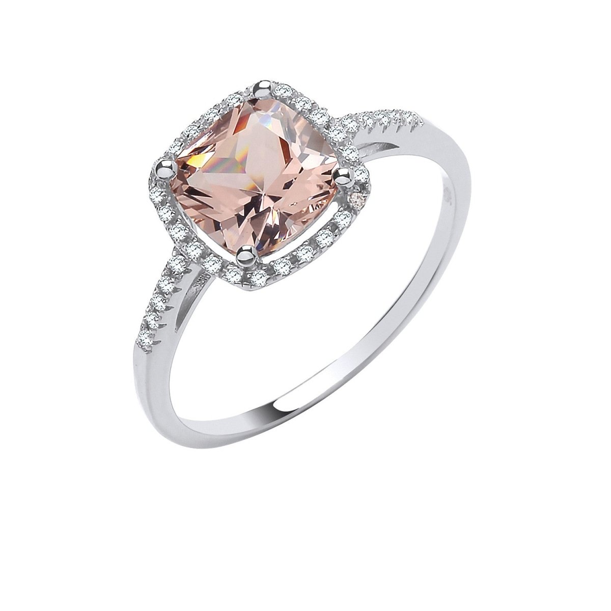 Sterling Silver Cushion Cut Synthetic Morganite & Cz Halo Ring - Samuel Perry