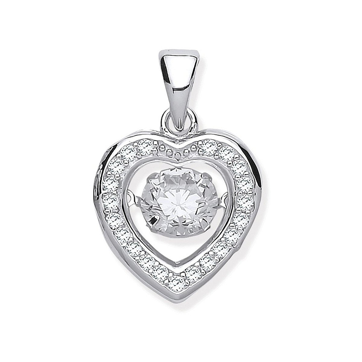 Sterling Silver CZ Heart Pendant with Hanging Shimmering CZ - Samuel Perry