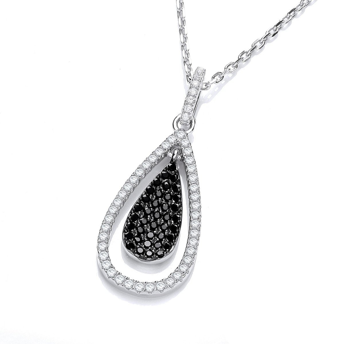 Sterling Silver Double Teardrop Black and White CZ Necklace - Samuel Perry