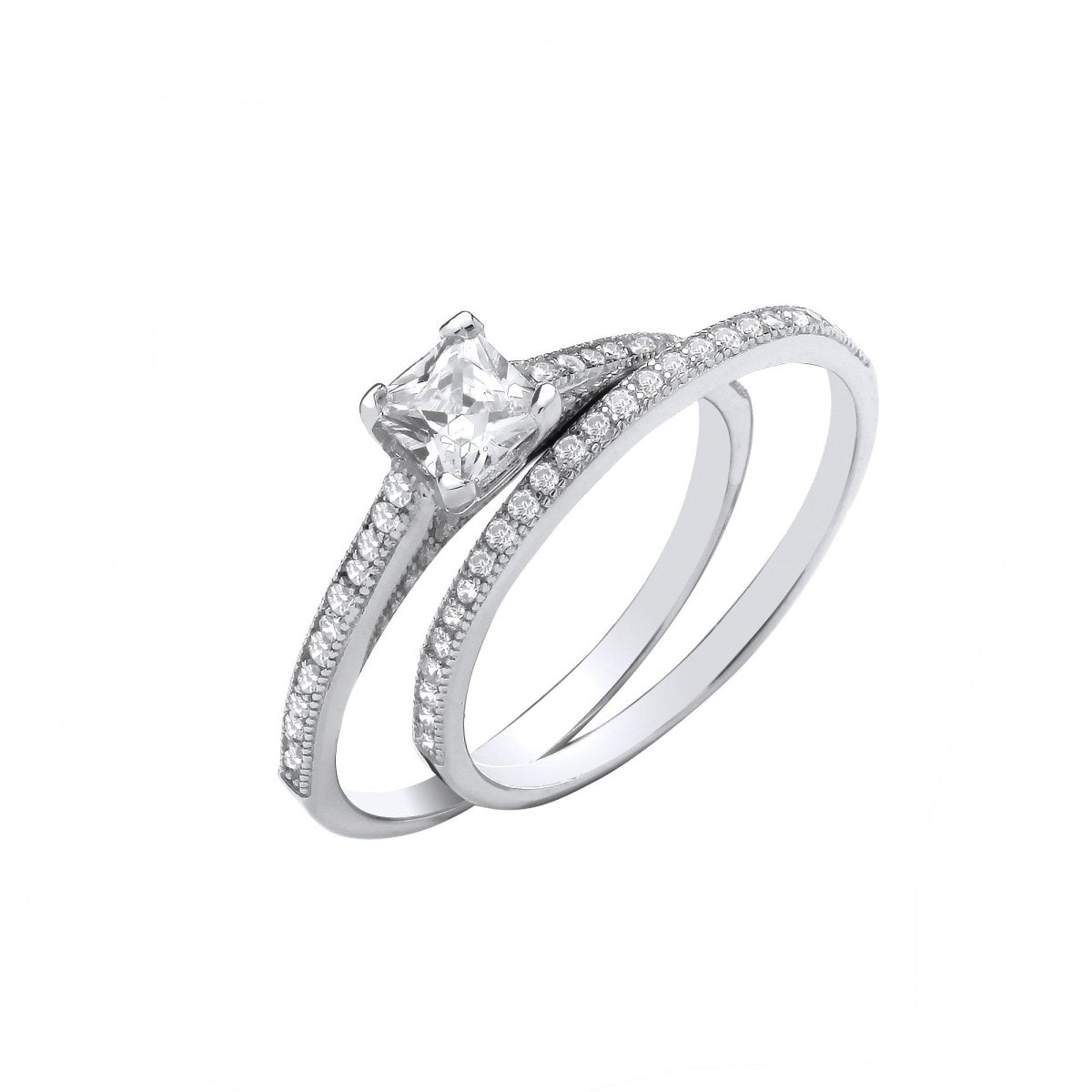 Sterling Silver Elegant Bridal Set P/Cut Centre CZ Half ET Rings - Samuel Perry