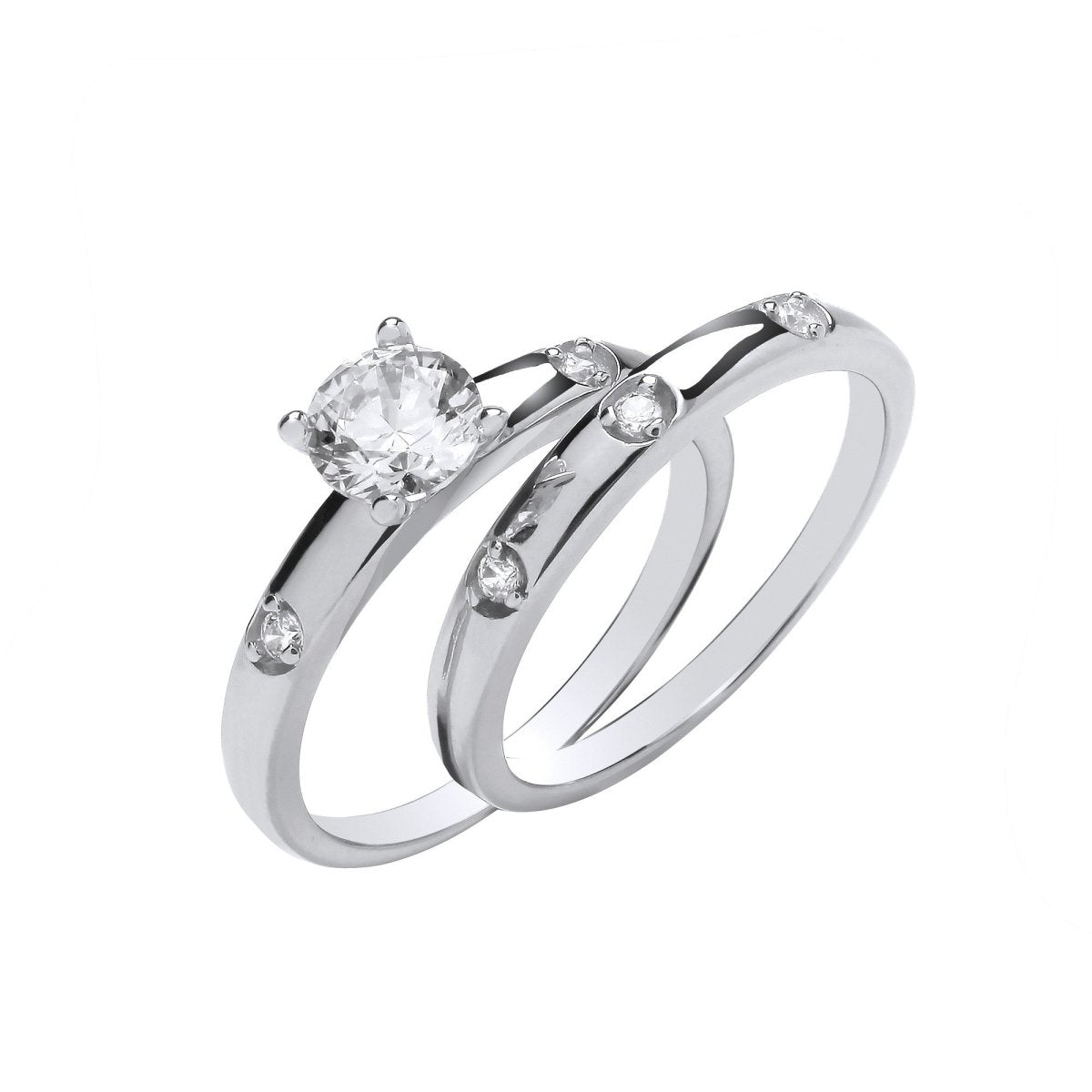 Sterling Silver Elegant Bridal Set S/S Round CZs Half ET Rings - Samuel Perry