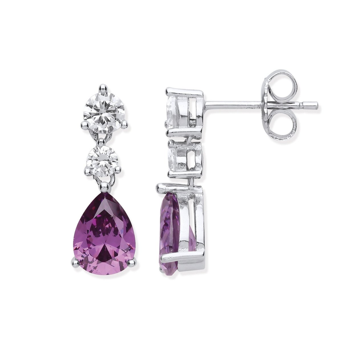 Sterling Silver Elegant Clear & Amethyst Colour CZs Drop Earrings - Samuel Perry