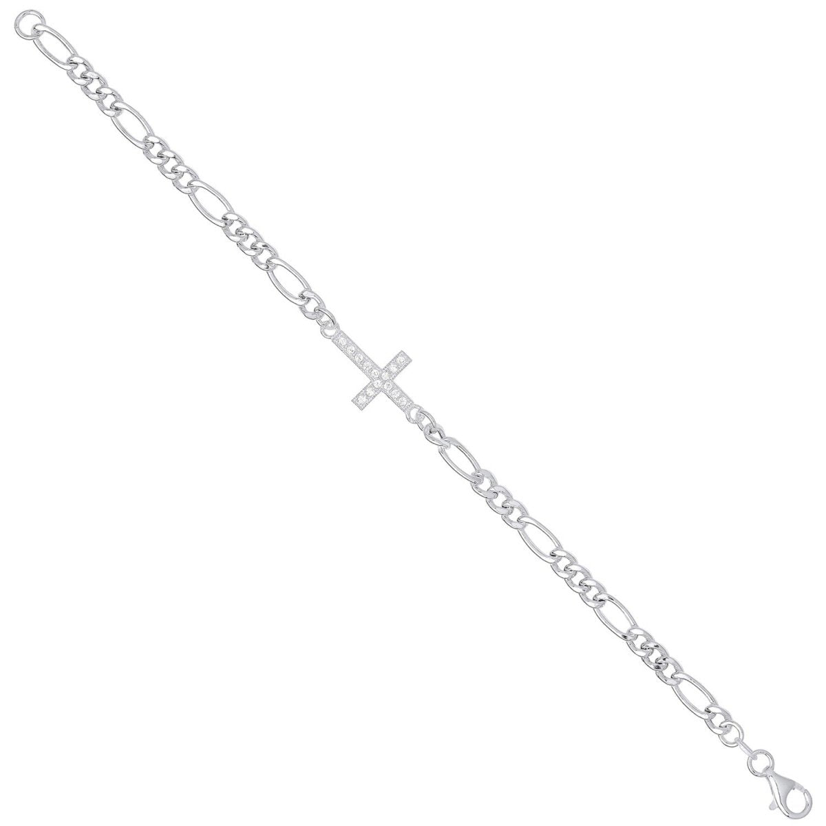 Sterling Silver Elegant Figaro Chain with Cz Cross Bracelet - Samuel Perry