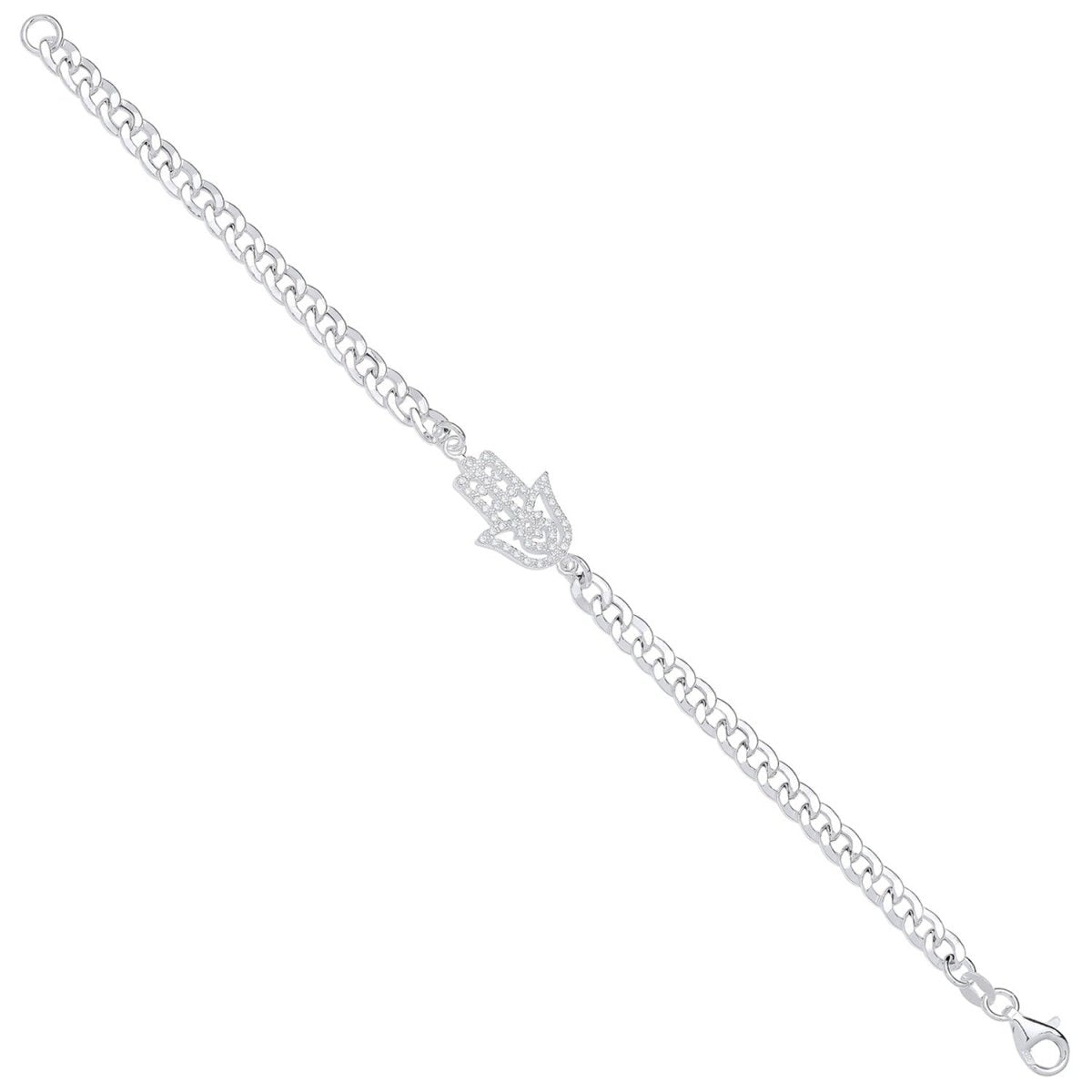 Sterling Silver Elegant Flat Curb Chain with Cz Hamsa Bracelet - Samuel Perry