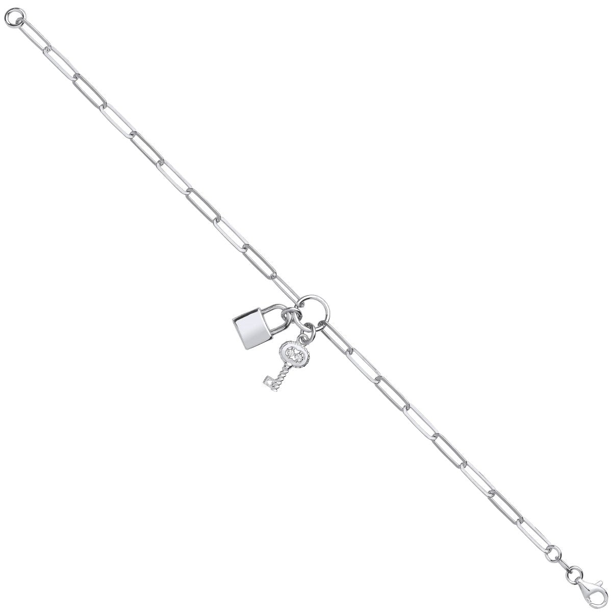 Sterling Silver Elegant Paper Clip Chain , Padlock & CZ Key Bracelet - Samuel Perry