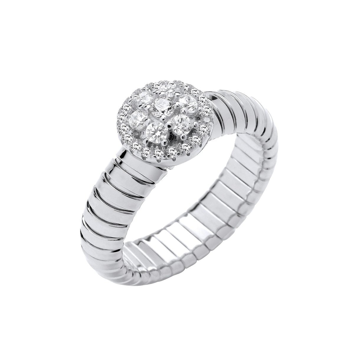 Sterling Silver Elegant Ribbed Link CZ Cluster Ring - Samuel Perry