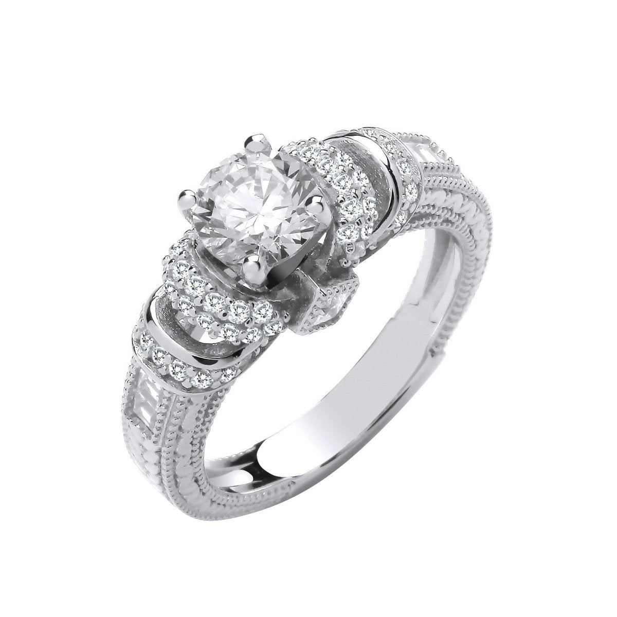 Sterling Silver Elegant Vintage Look Milgrain Shank Solitaire CZ Ring - Samuel Perry
