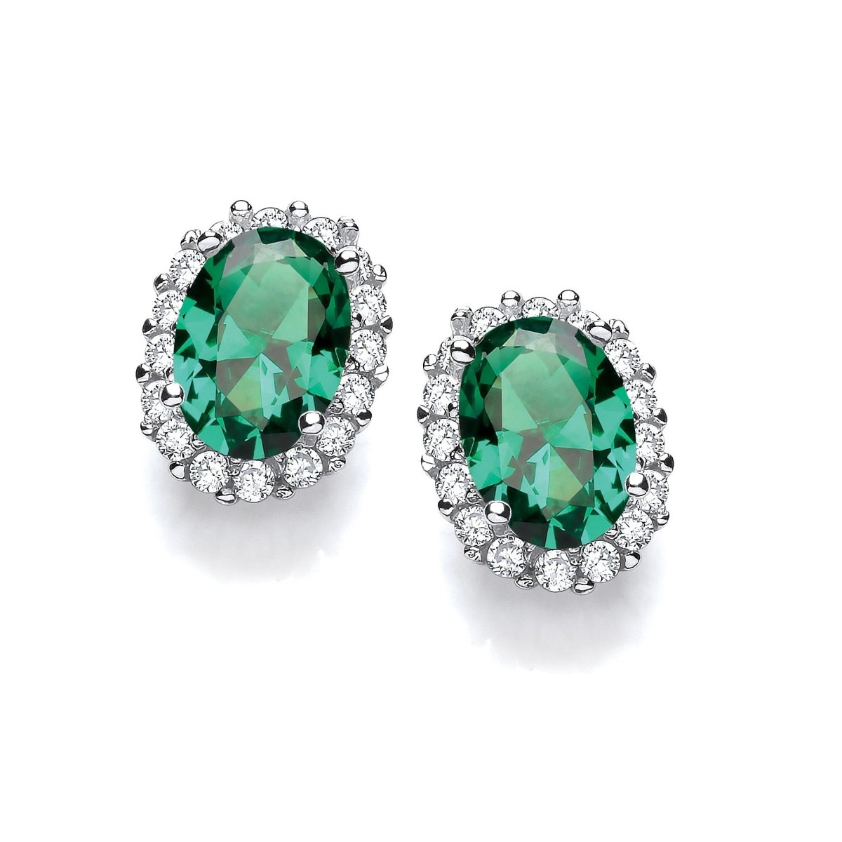 Sterling Silver Emerald Green CZ Oval Cluster Stud Earrings - Samuel Perry