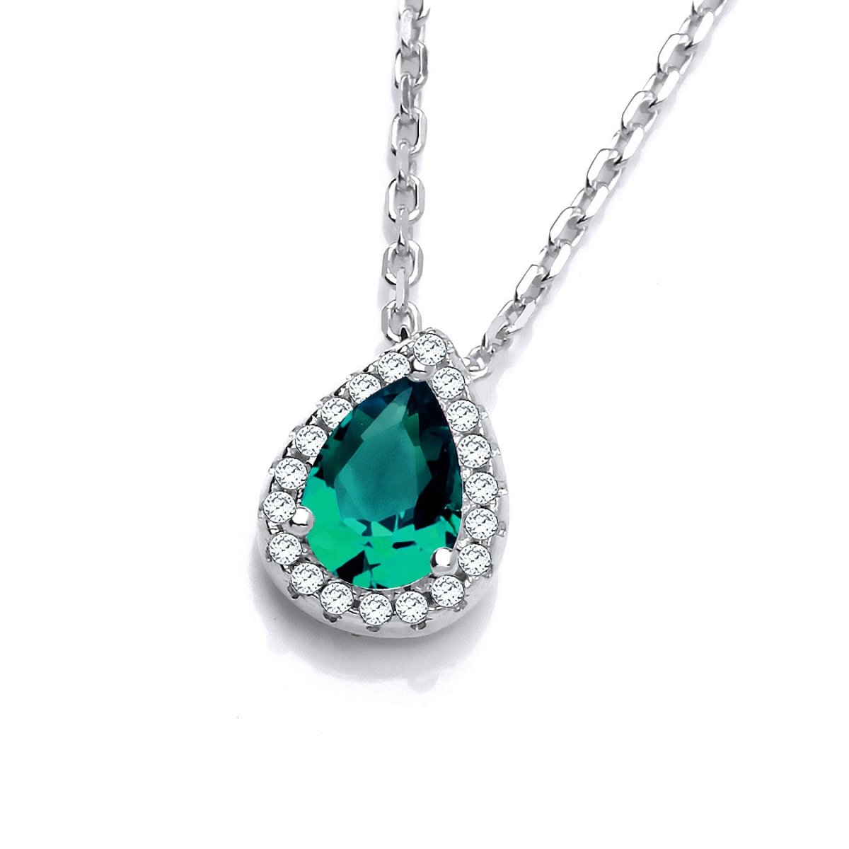 Sterling Silver Emerald Green CZ Teardrop Halo Necklace - Samuel Perry