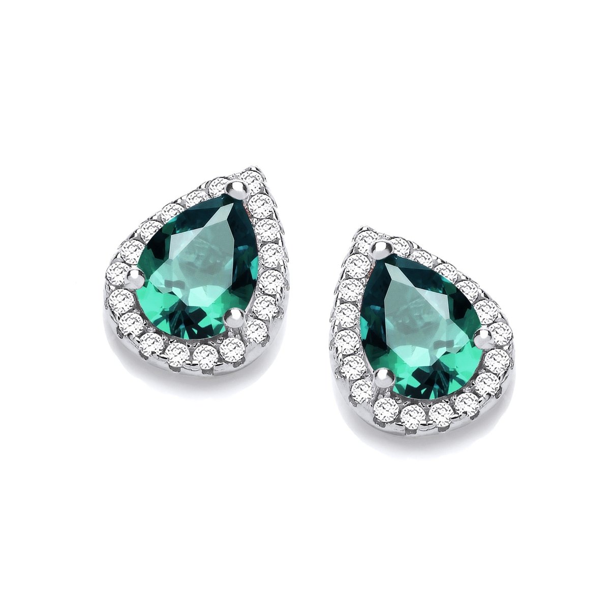 Sterling Silver Emerald Green Teardrop Halo CZ Stud Earrings - Samuel Perry