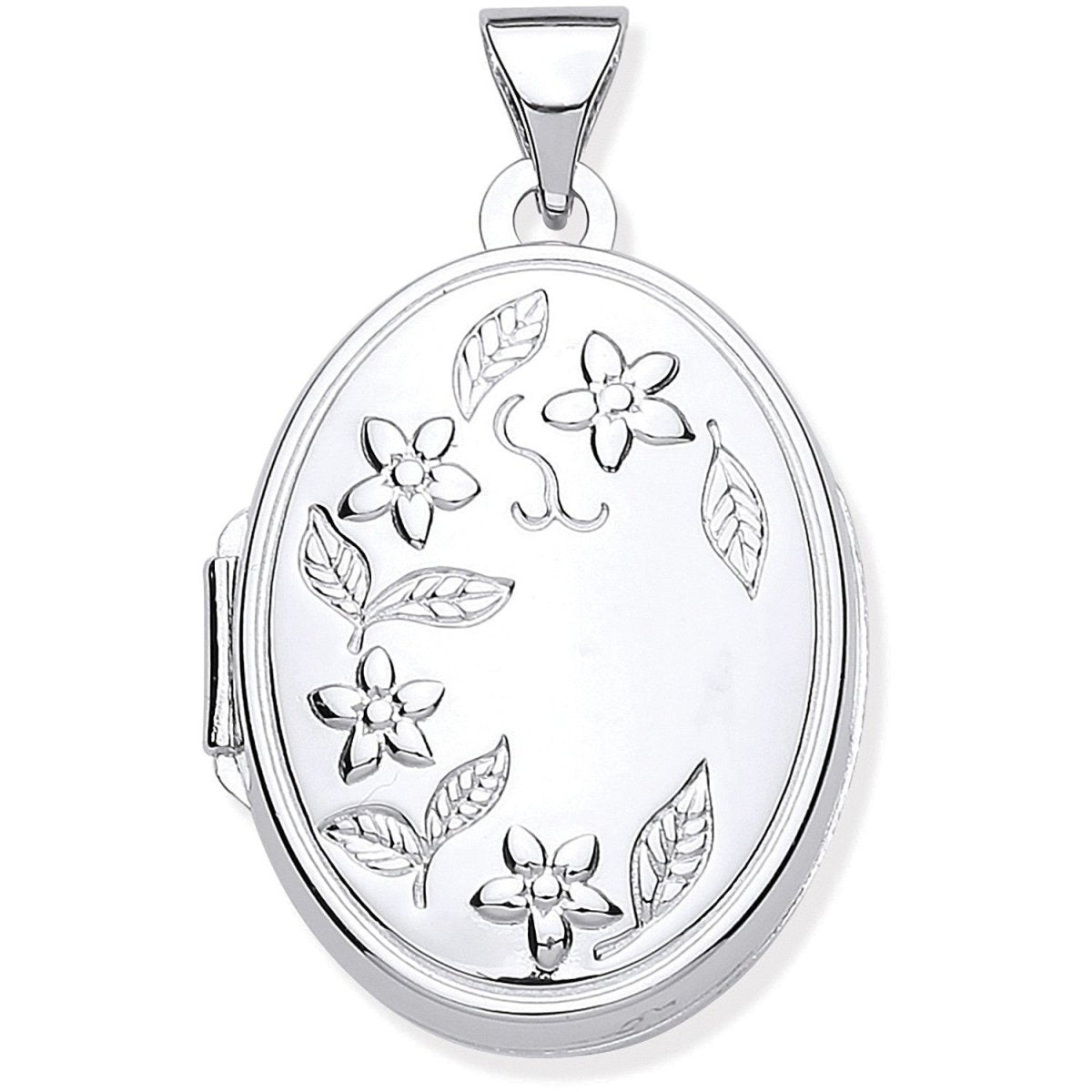 Sterling Silver Engraved Flower Oval Locket - Samuel Perry