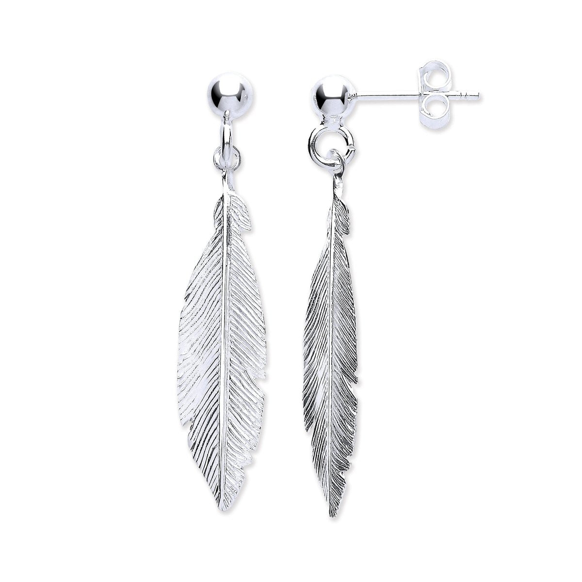 Sterling Silver Feather Drop Earrings - Samuel Perry