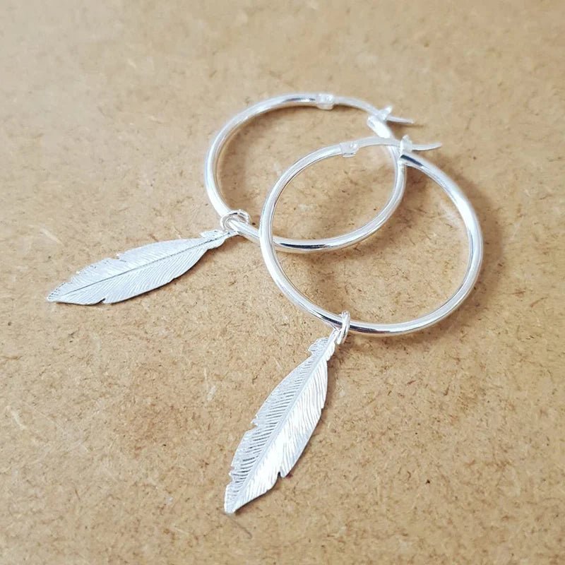 Sterling Silver Feather Hoop Earrings - Samuel Perry