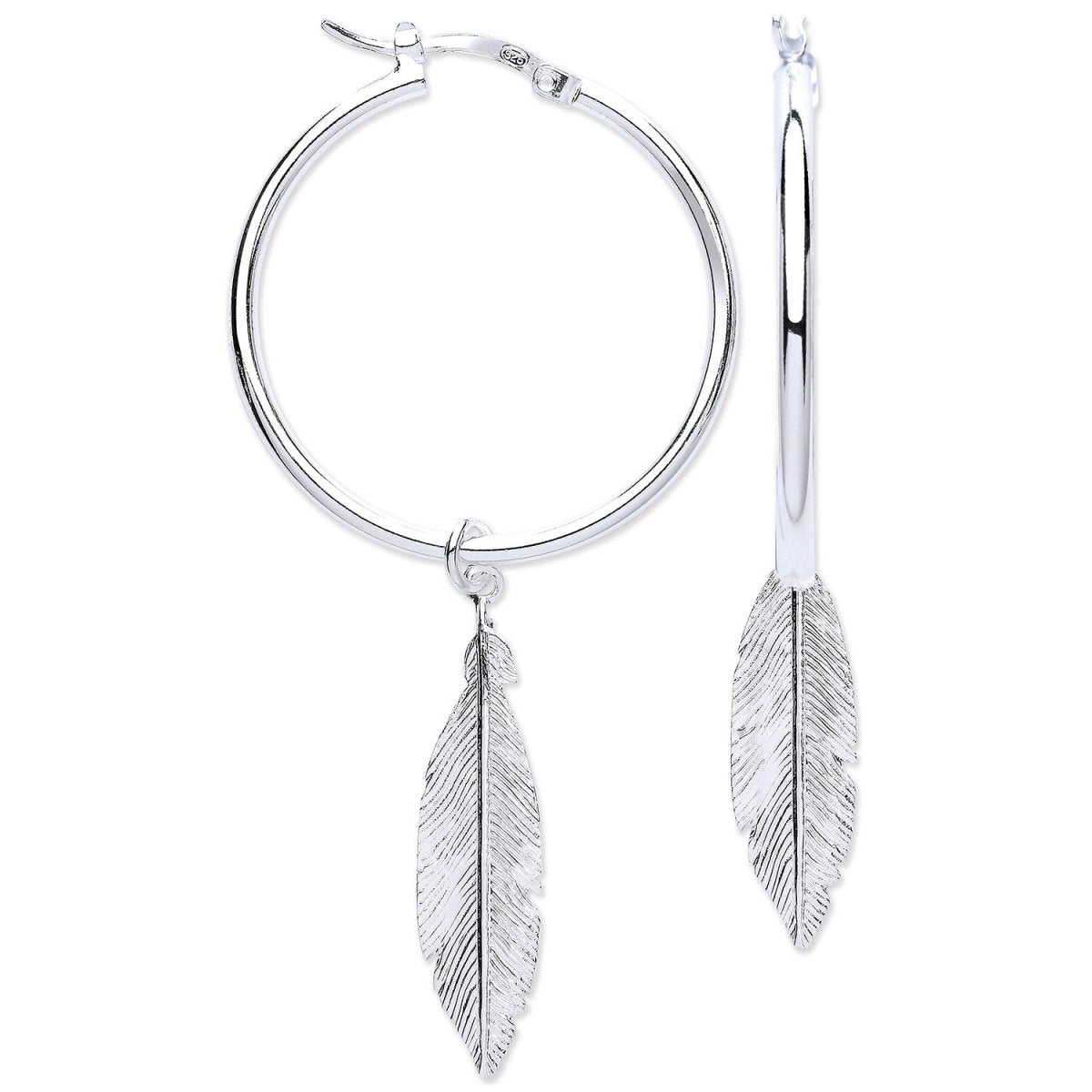 Sterling Silver Feather Hoop Earrings - Samuel Perry