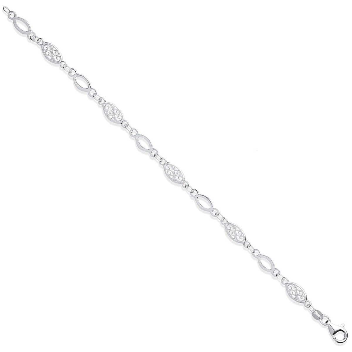 Sterling Silver Filigree & Plain Links Ladies Bracelet - Samuel Perry