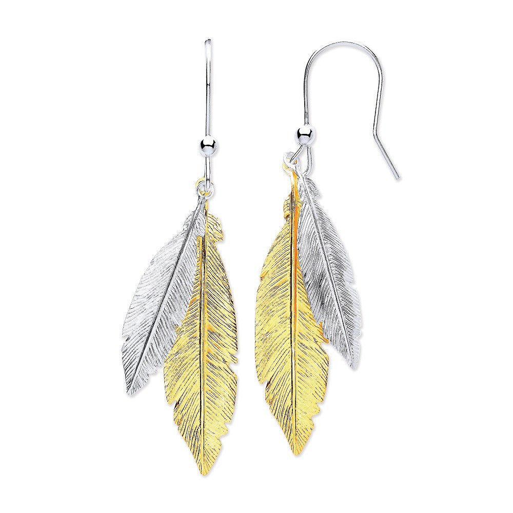 Sterling Silver & Gold Coated Feathers Drop Earrings - Samuel Perry