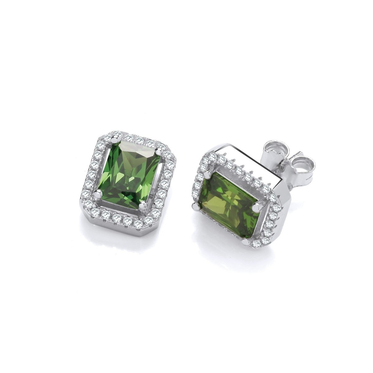 Sterling Silver Green Baguette Cut Halo CZ Stud Earrings - Samuel Perry