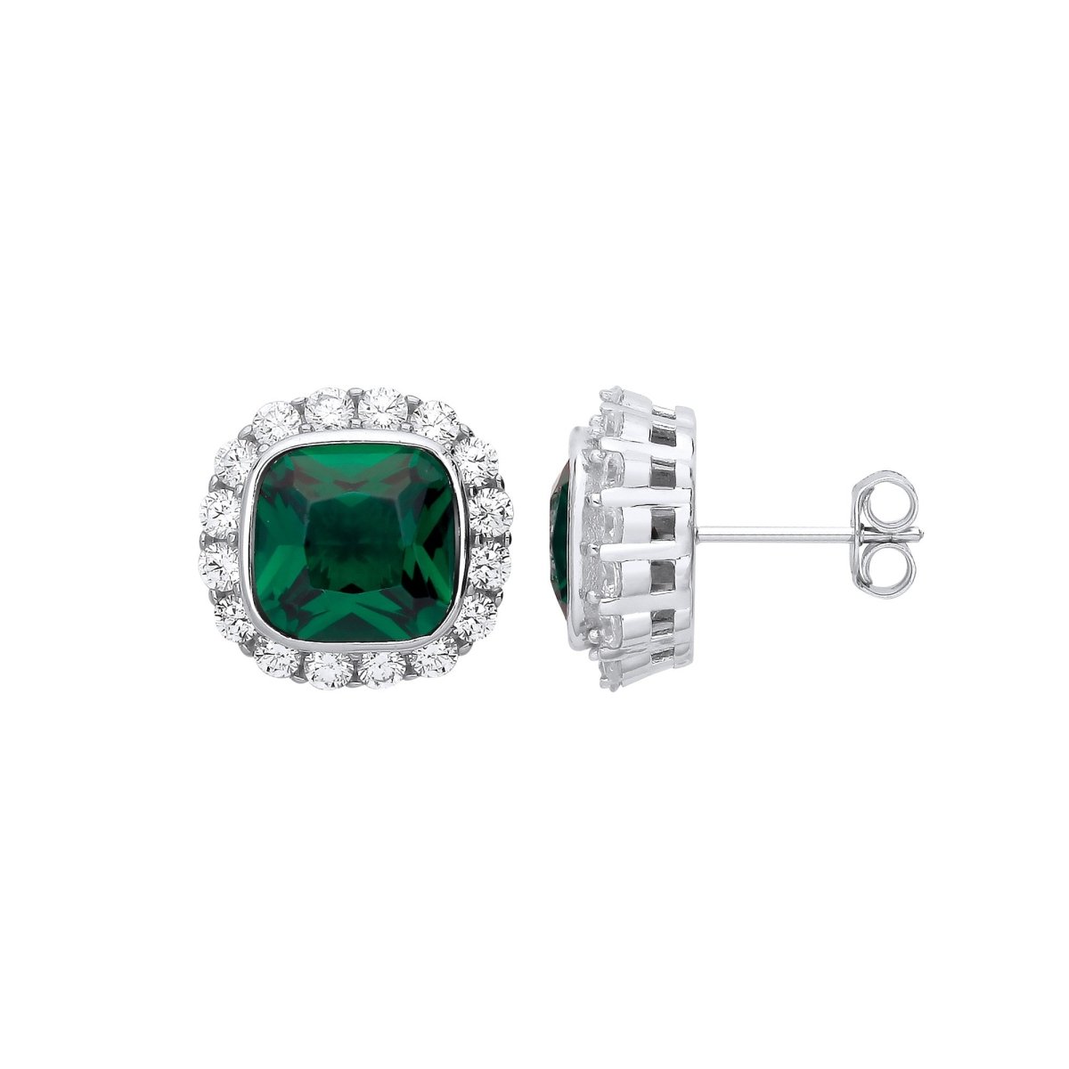 Sterling Silver Green CZ Halo Stud Earrings - Samuel Perry