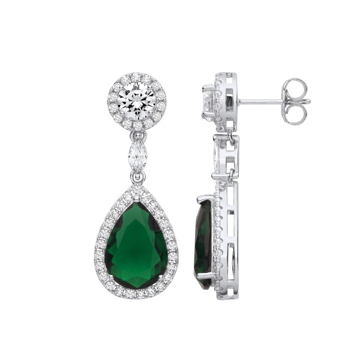 Sterling Silver Green CZ Pear Drop Earrings - Samuel Perry