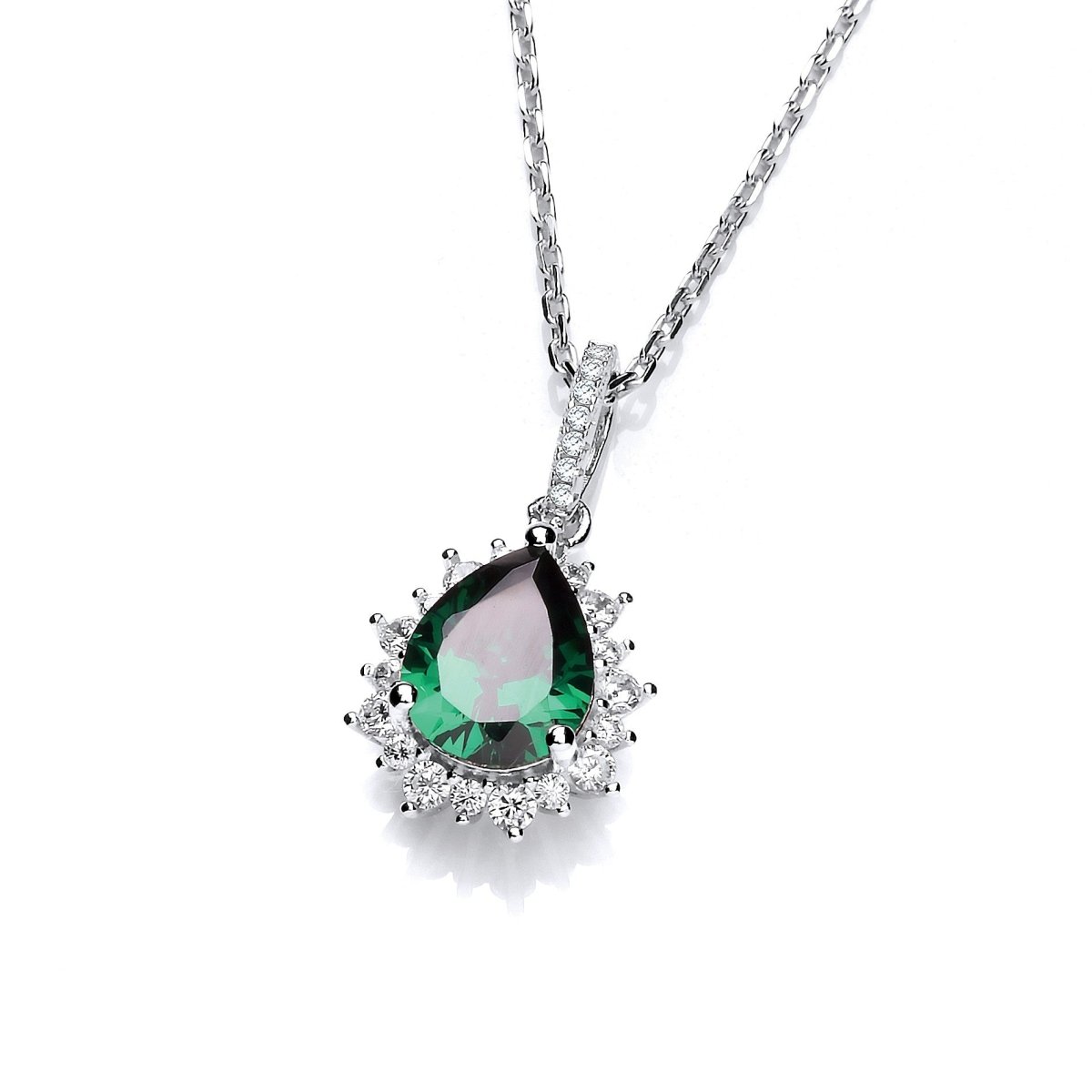 Sterling Silver Green Emerald CZ Teardrop Necklace - Samuel Perry
