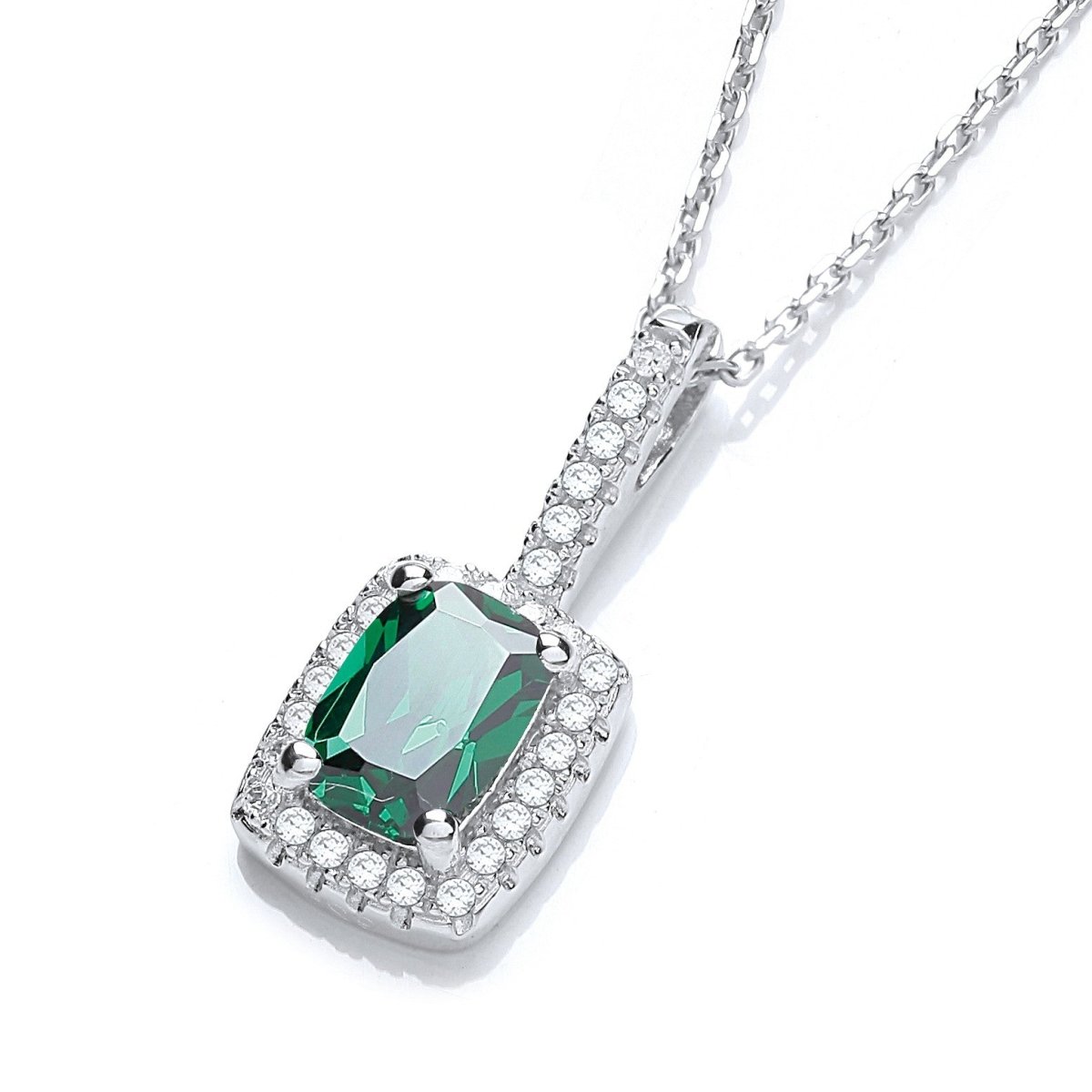 Sterling Silver Green Emerald Halo CZ Necklace - Samuel Perry