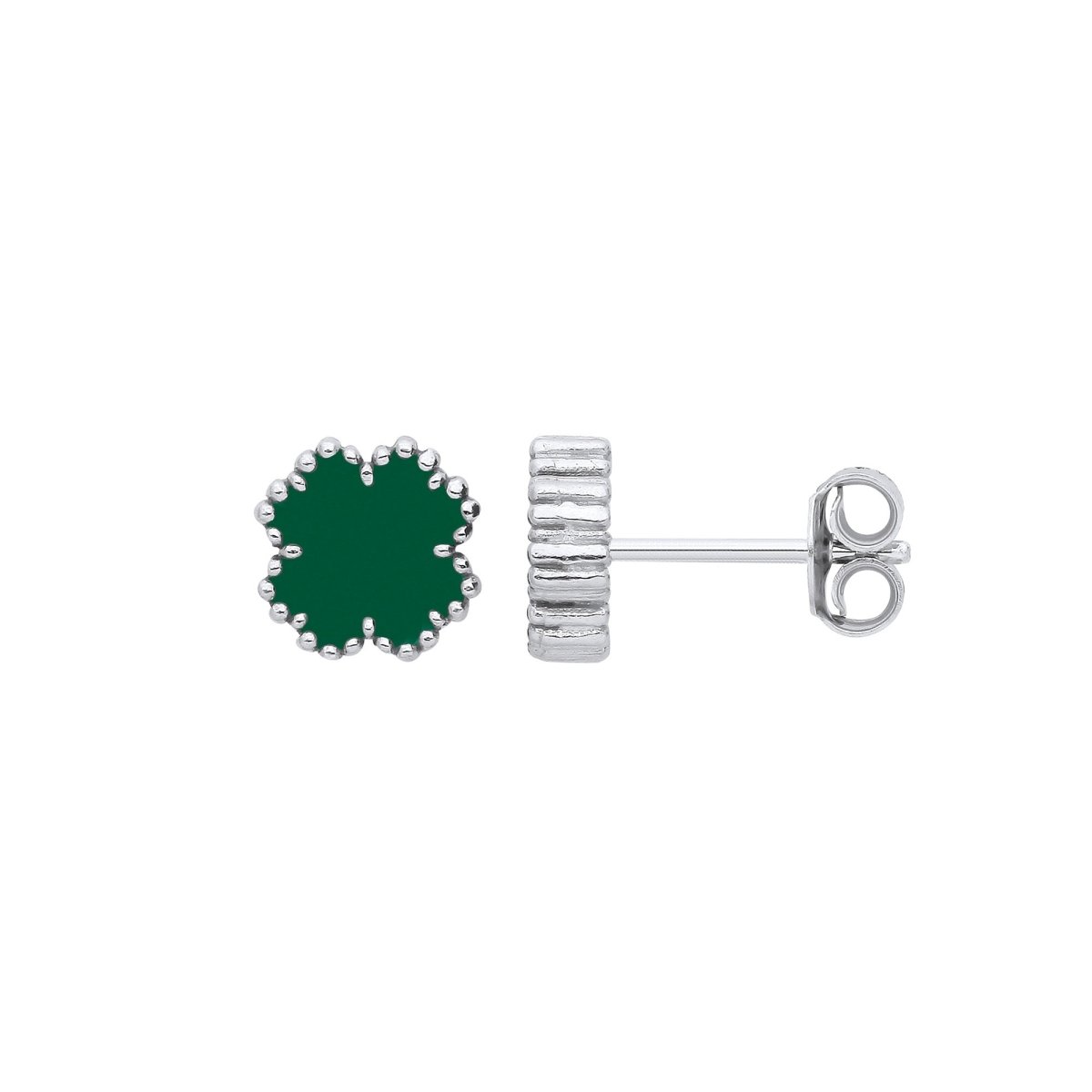 Sterling Silver Green Enamel Four Leaf Clover Studs - Samuel Perry