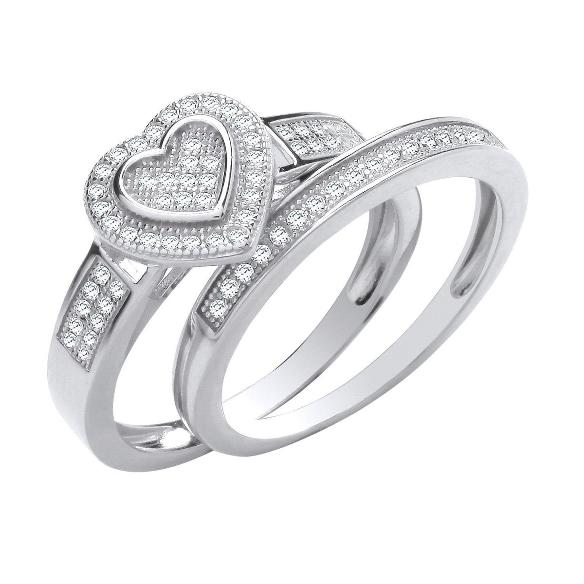 Sterling Silver Heart Bridal Set CZ Rings - Samuel Perry