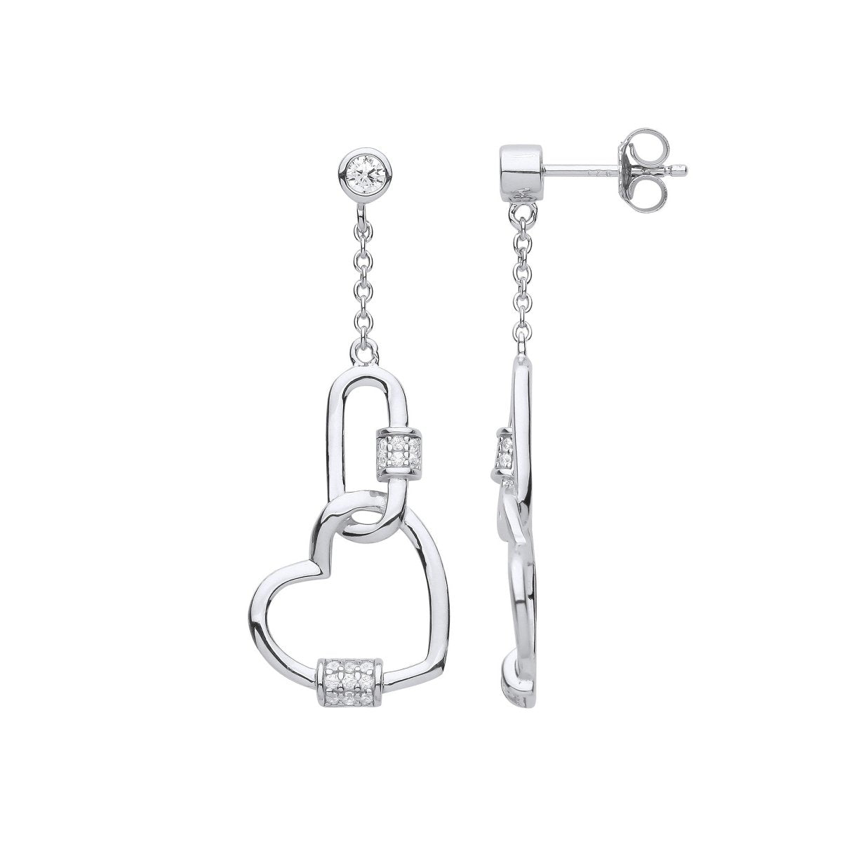 Sterling Silver Heart Paper Clip CZ Drop Earrings - Samuel Perry