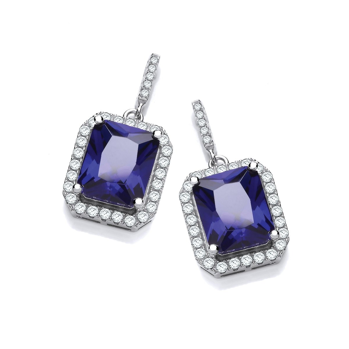 Sterling Silver Large Blue Sapphire Emerald Cut CZ Drop Earrings - Samuel Perry