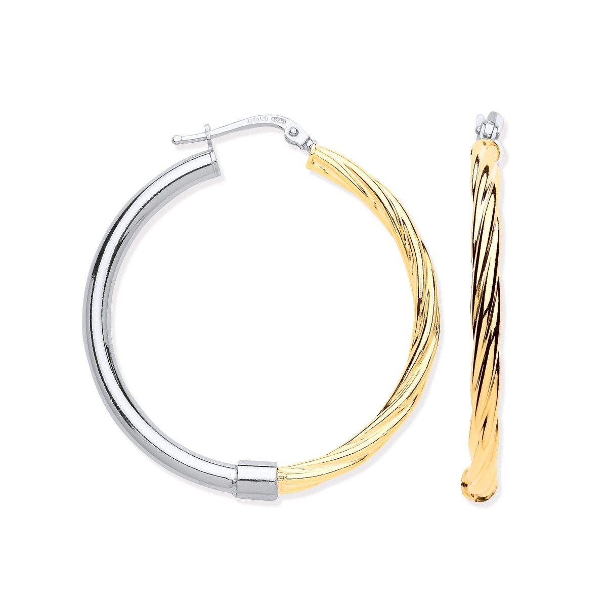 Sterling Silver Large Tube & Yellow Gold Plated Twist Hoop Earrings - Samuel Perry