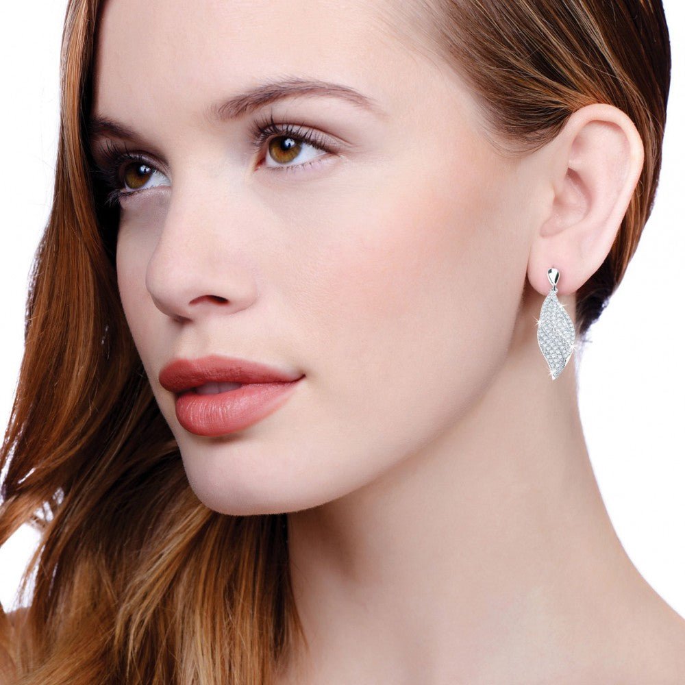 Sterling Silver Leaf Micro Pave CZ Drop Earrings - Samuel Perry